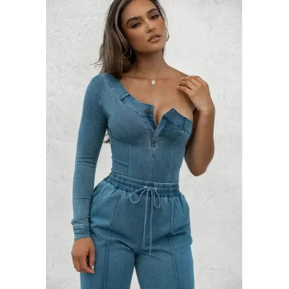 JuxLabel Denim One Shoulder Bodysuit Women's Medium Wash - Picture 3 of 7